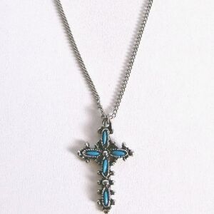 Southwestern SilverTone Faux Simulated Turquoise Necklace 21" Chain 2" Cross